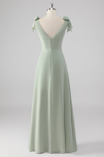 Col V une ligne noeud papillon Robe de demoiselle d’honneur vert sauge avec fente